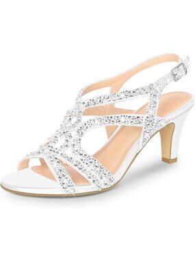 Women's White Rhinestone Slingback Heels Open Toe Sparkle Wedding Sandals